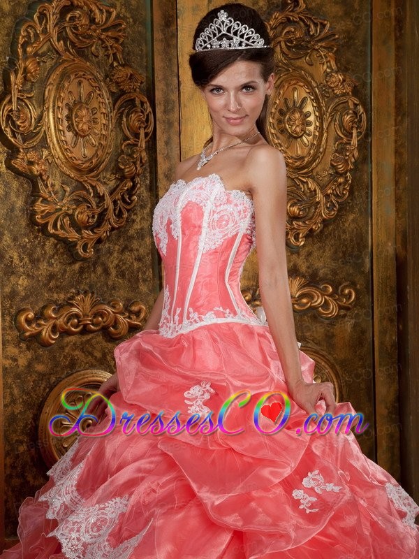 Watermelon Ball Gown Strapless Long Ruffles Organza Quinceanera Dress