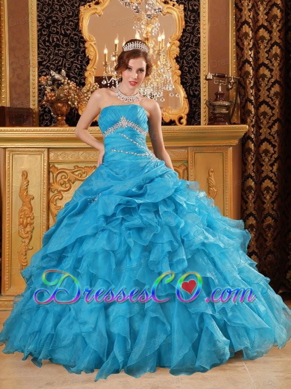 Teal Ball Gown Long Organza Beading And Ruffles Quinceanera Dress