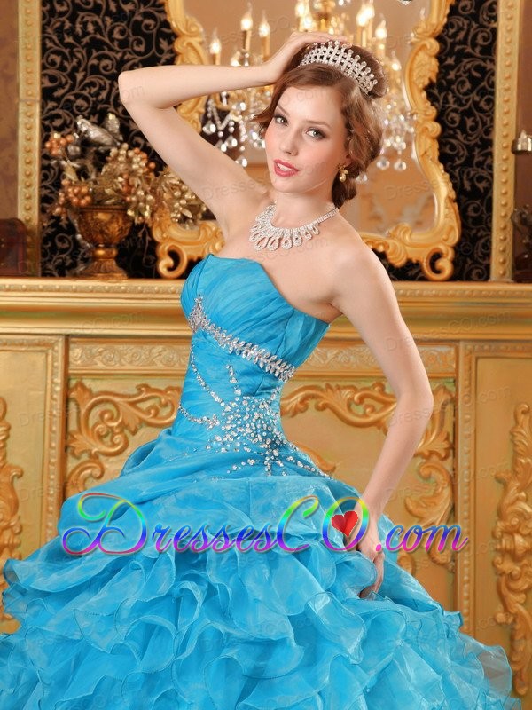 Teal Ball Gown Long Organza Beading And Ruffles Quinceanera Dress
