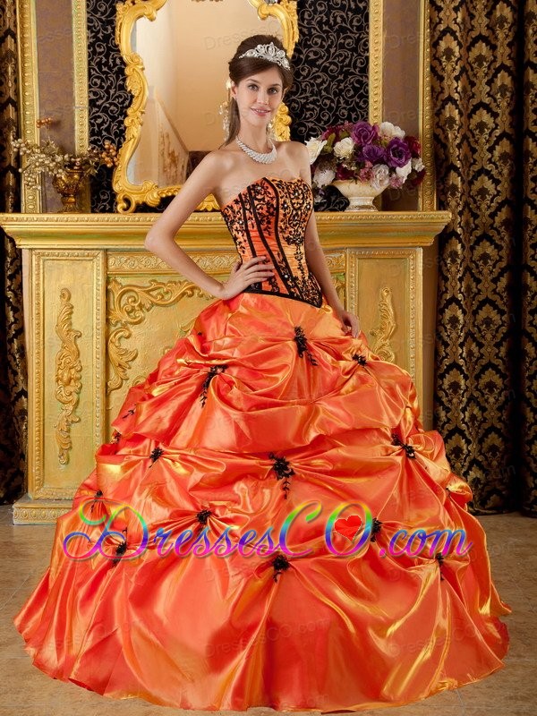 Orange Ball Gown Strapless Long Embroidery Taffeta Quinceanera Dress