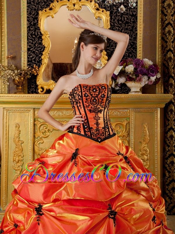 Orange Ball Gown Strapless Long Embroidery Taffeta Quinceanera Dress