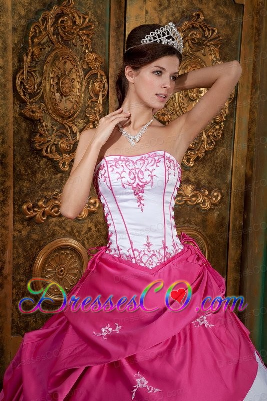 Fuchsia Ball Gown Strapless Long Embroidery Satin Quinceanera Dress