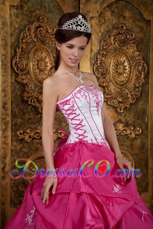 Fuchsia Ball Gown Strapless Long Embroidery Satin Quinceanera Dress