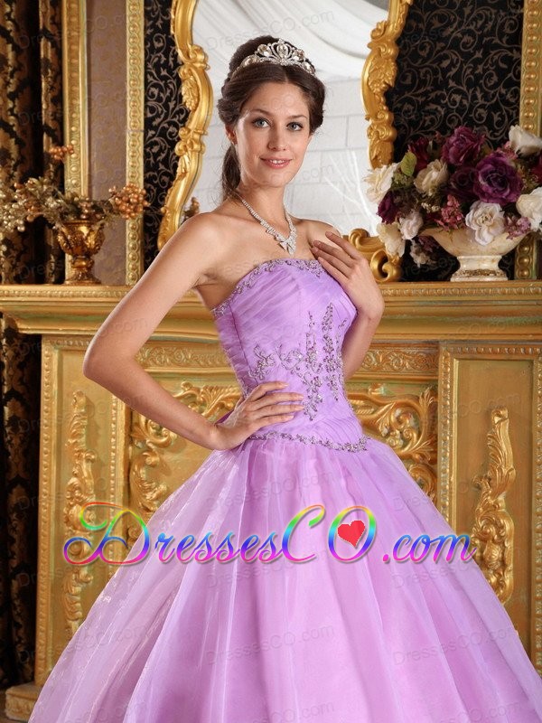 Lavender Ball Gown Strapless Long Appliques Tulle Quinceanera Dress