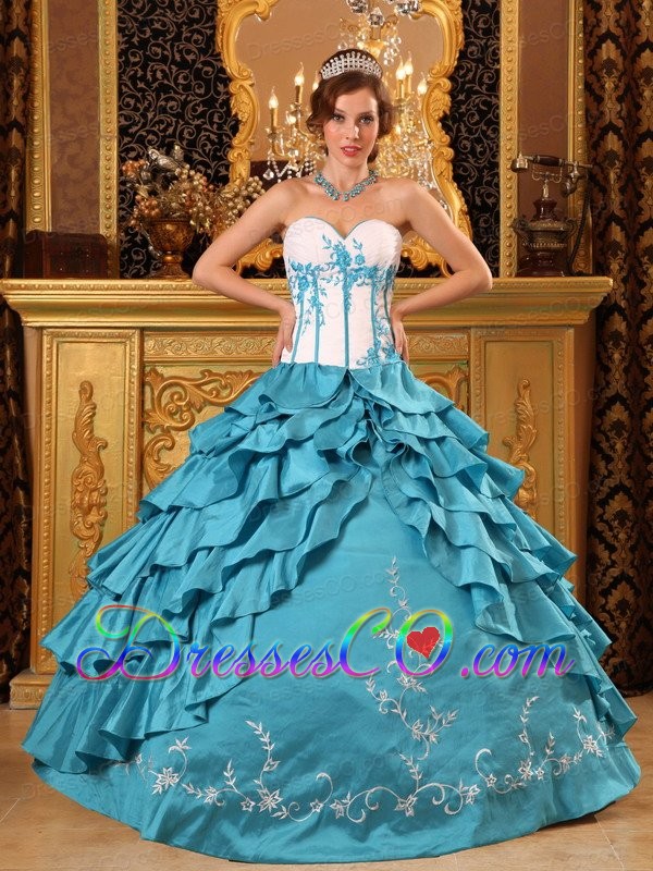 Turquoise Ball Gown Long Ruffles And Embroidery Taffeta Quinceanera Dress