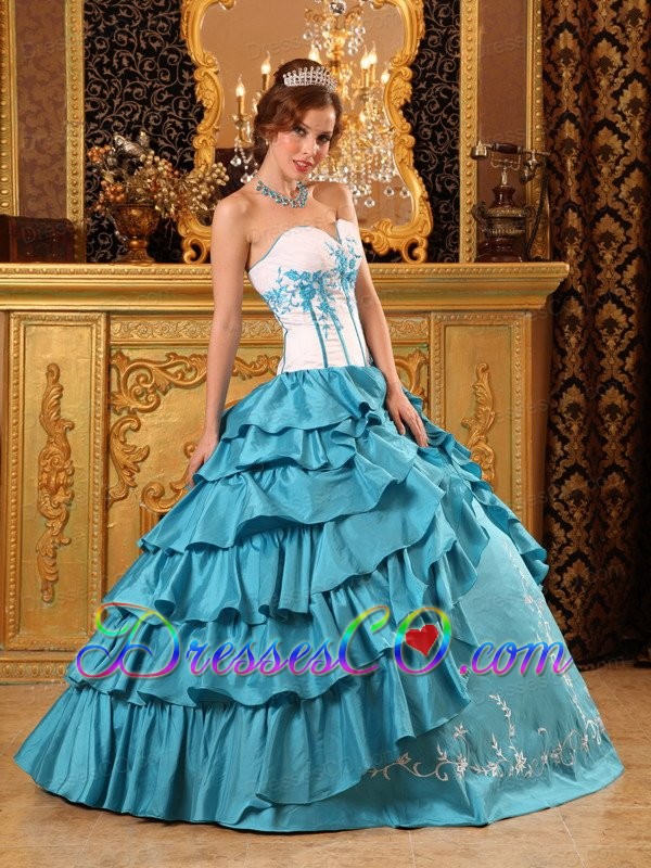 Turquoise Ball Gown Long Ruffles And Embroidery Taffeta Quinceanera Dress