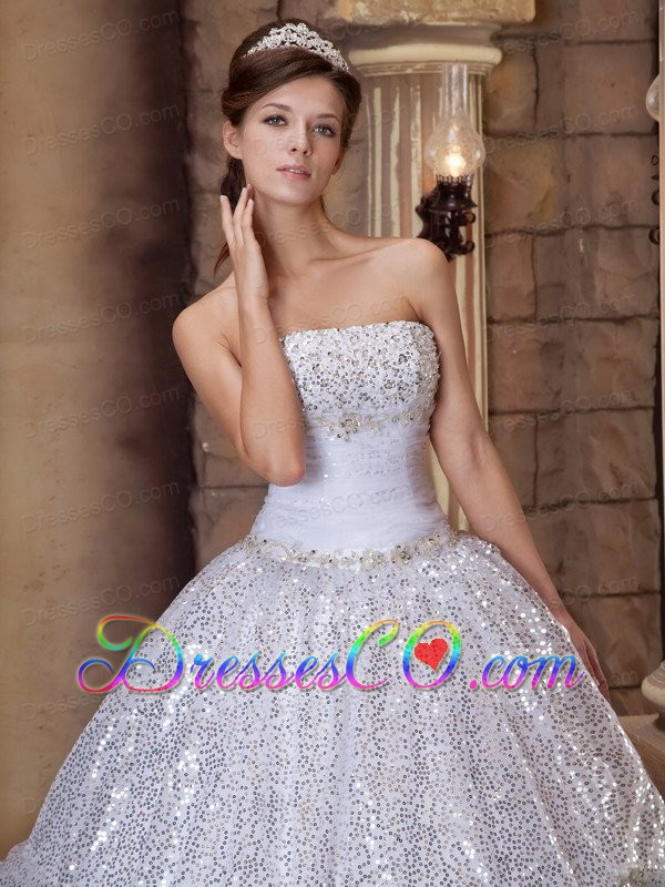 White Ball Gown Strapless Long Pick-ups Sequins Quinceanera Dress