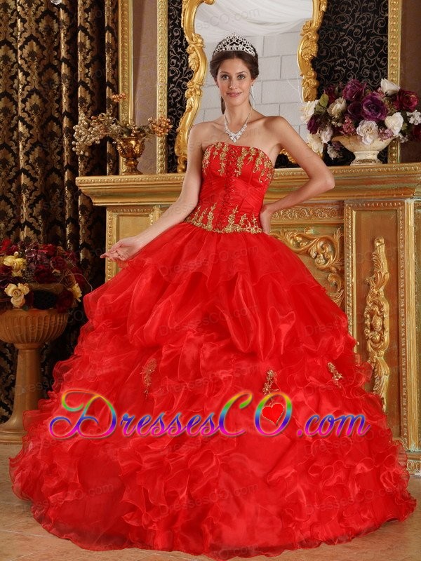 Red Ball Gown Strapless Long Appliques Organza Quinceanera Dress