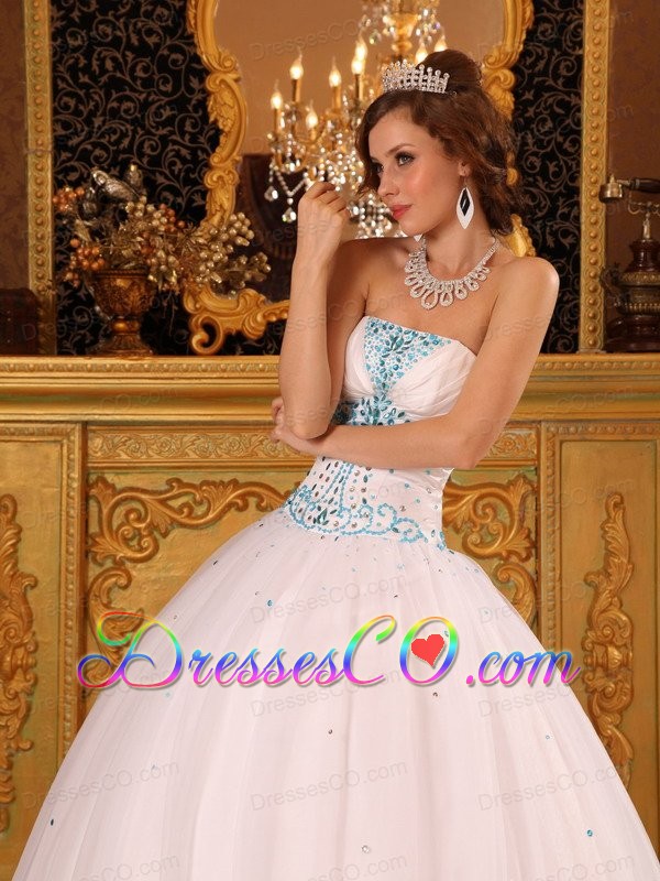 White Ball Gown Strapless Long Satin And Organza Beading Quinceanera Dress