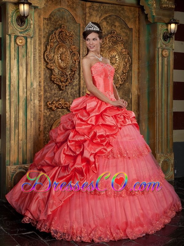 Watermelon Ball Gown Long Taffeta And Tulle Lace Appliques Quinceanera Dress
