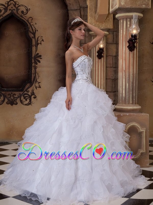 White Ball Gown Long Organza Beading Quinceanera Dress