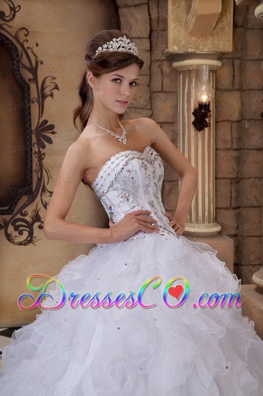 White Ball Gown Long Organza Beading Quinceanera Dress