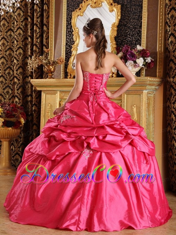 Hot Pink Ball Gown Strapless Long Pick-ups Taffeta Quinceanera Dress