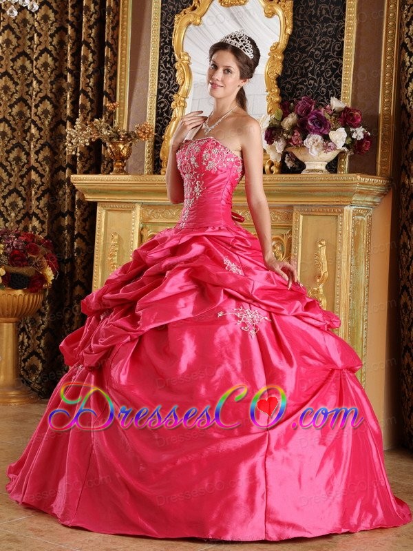 Hot Pink Ball Gown Strapless Long Pick-ups Taffeta Quinceanera Dress