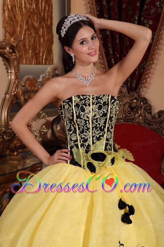 Yellow Ball Gown Strapless Long Organza Embroidery Quinceanera Dress