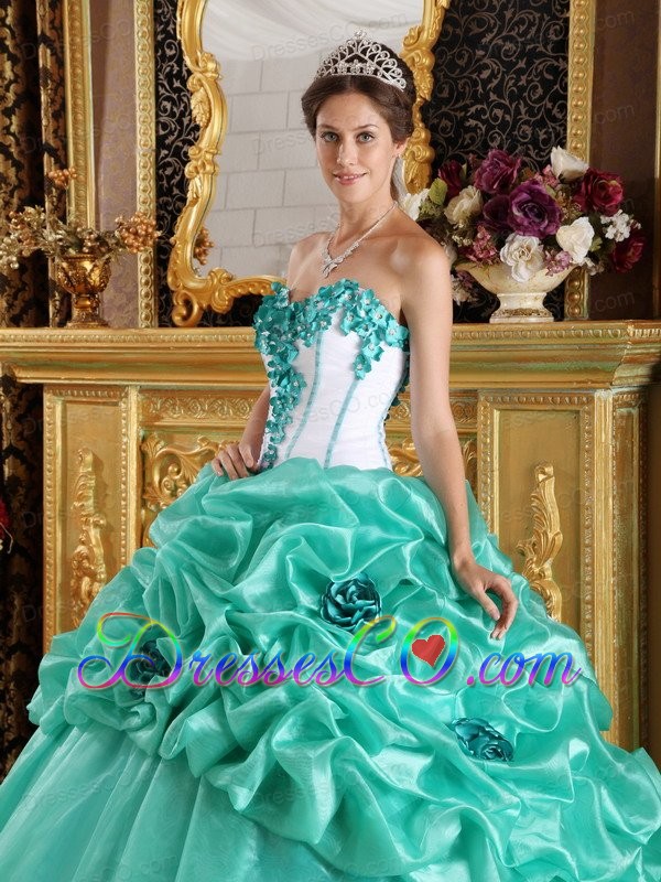 Apple Green Ball Gown Long Organza Hand Made Flowers Quinceanera Dress 235.89