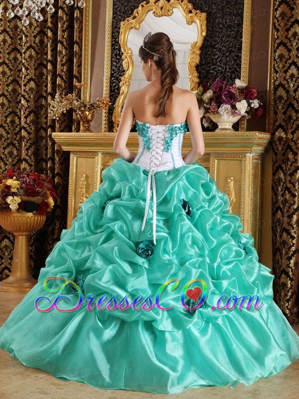 Apple Green Ball Gown Long Organza Hand Made Flowers Quinceanera Dress 235.89