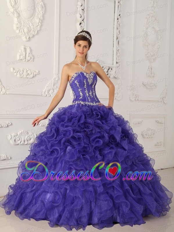 Purple Ball Gown Long Satin And Organza Appliques Quinceanera Dress