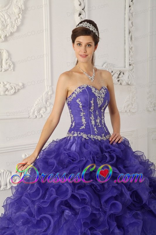 Purple Ball Gown Long Satin And Organza Appliques Quinceanera Dress