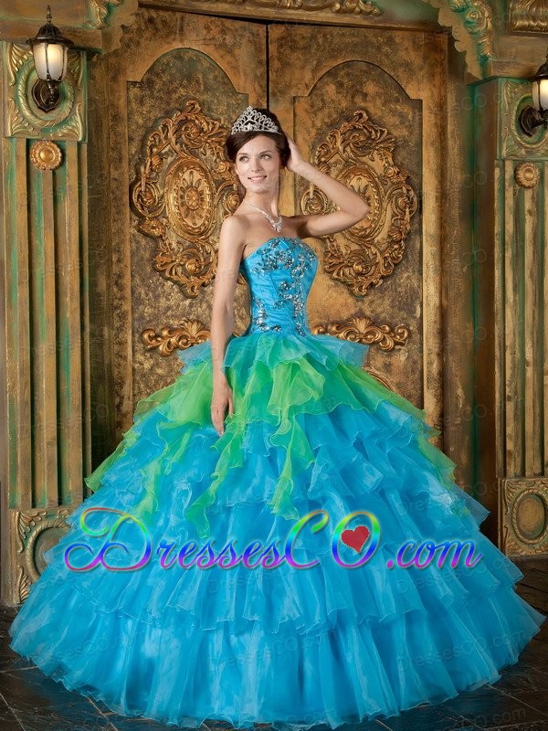 Blue Ball Gown Strapless Long Organza Ruffles Quinceanera Dress