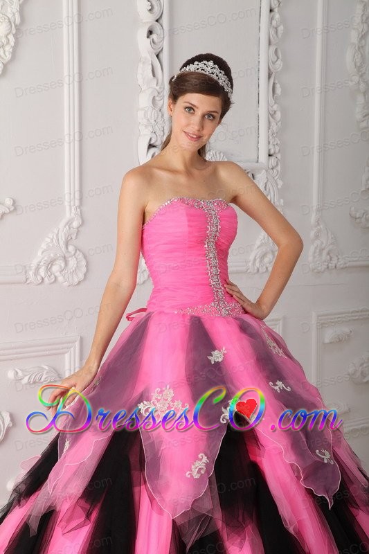 Pink And Black A-line / Princess Strapless Long Organza Appliques Quinceanera Dress