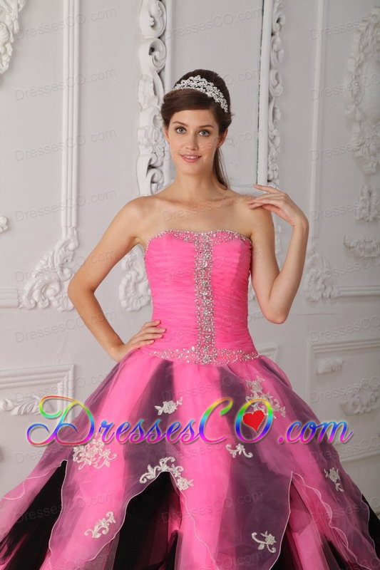 Pink And Black A-line / Princess Strapless Long Organza Appliques Quinceanera Dress