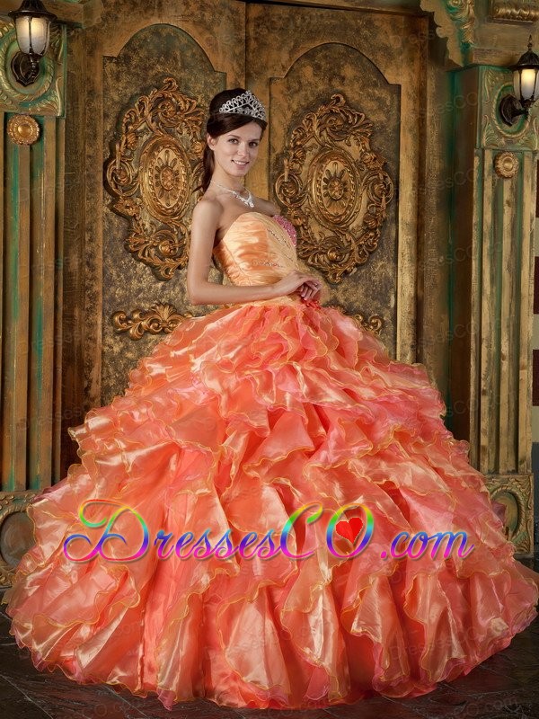 Orange Ball Gown Strapless Long Beading And Ruffles Quinceanera Dress