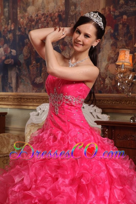 Red Ball Gown Long Organza Beading Quinceanera Dress
