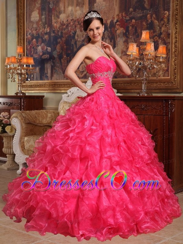 Red Ball Gown Long Organza Beading Quinceanera Dress