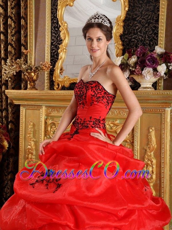 Red Ball Gown Long Satin And Organza Embroidery Quinceanera Dress