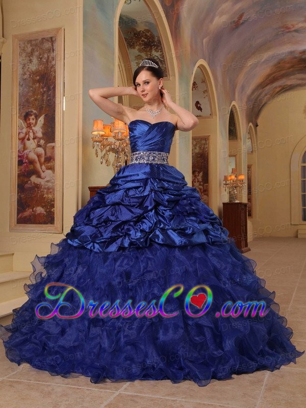 Blue Ball Gown Long Organza And Taffeta Beading Quinceanera Dress