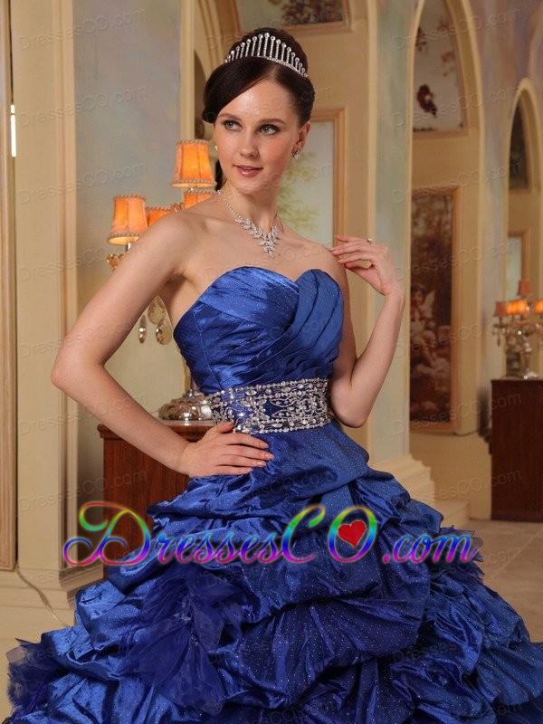 Blue Ball Gown Long Organza And Taffeta Beading Quinceanera Dress