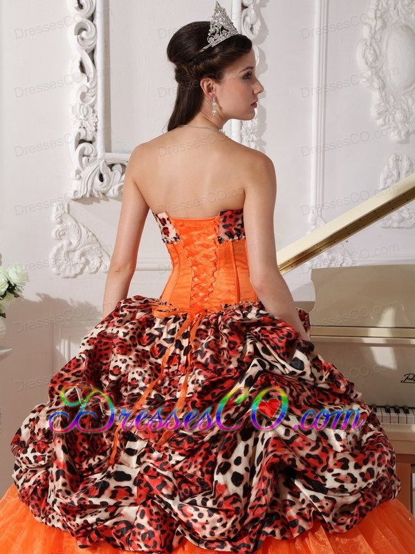 Orange Ball Gown Sweep / Brush Train Leopard and Organza Appliques Quinceanera Dress