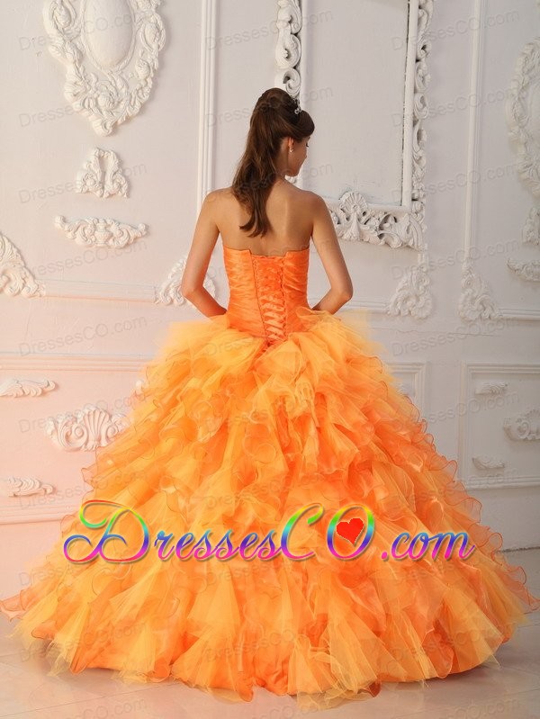 Orange Red Ball Gown Long Organza Beading And Ruching Quinceanera Dress