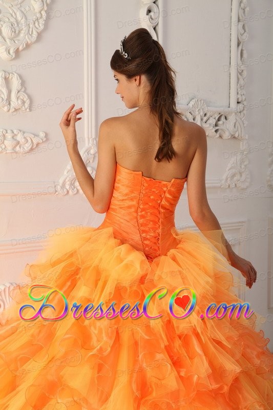 Orange Red Ball Gown Long Organza Beading And Ruching Quinceanera Dress