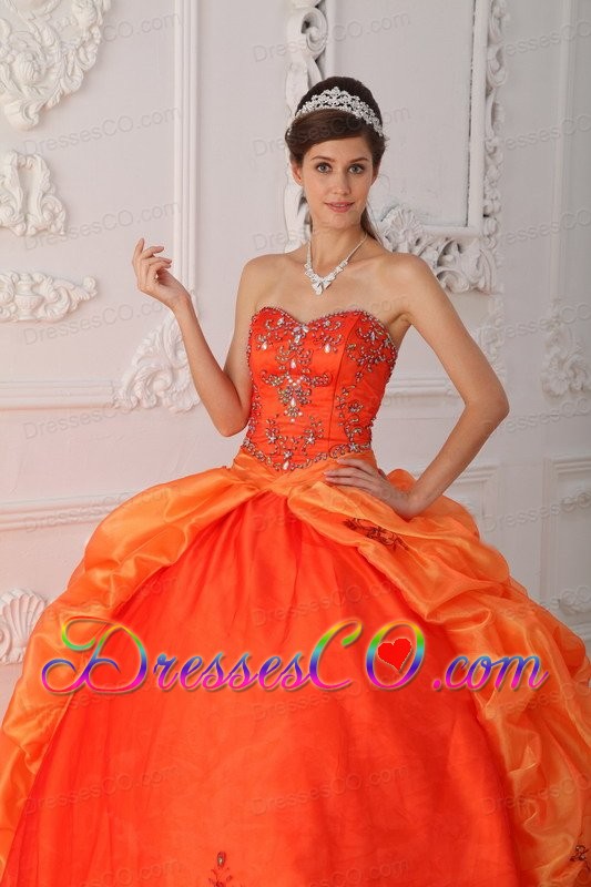 Orange Red Ball Gown Court Train Taffeta Beading and Appliques Quinceanera Dress