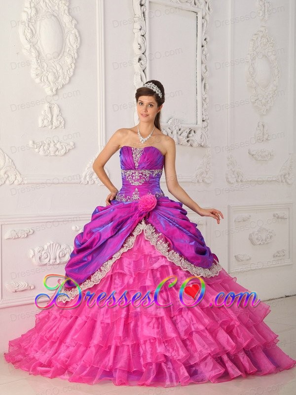 Hot Pink Ball Gown Strapless Brush Tain Organza and Taffeta Lace and Appliques Quinceanera Dress