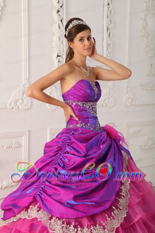 Hot Pink Ball Gown Strapless Brush Tain Organza and Taffeta Lace and Appliques Quinceanera Dress