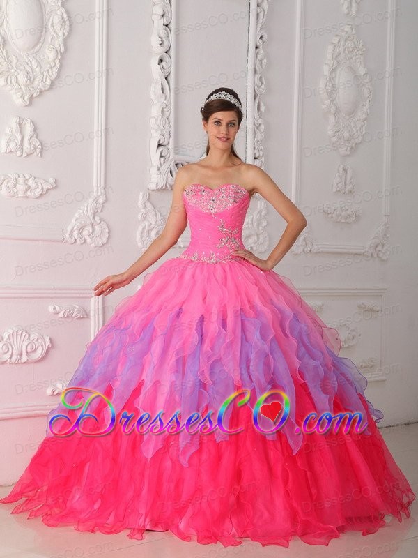 Hot Pink Ball Gown Long Organza Beading And Ruching Quinceanera Dress