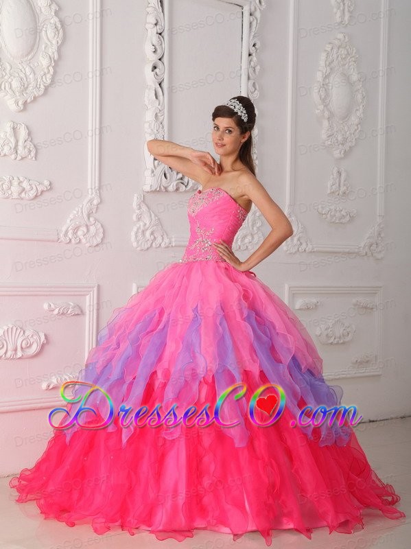 Hot Pink Ball Gown Long Organza Beading And Ruching Quinceanera Dress