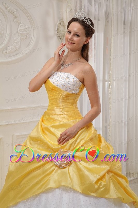 Yellow Ball Gown Strapless Long Taffeta And Tulle Beading Quinceanera Dress