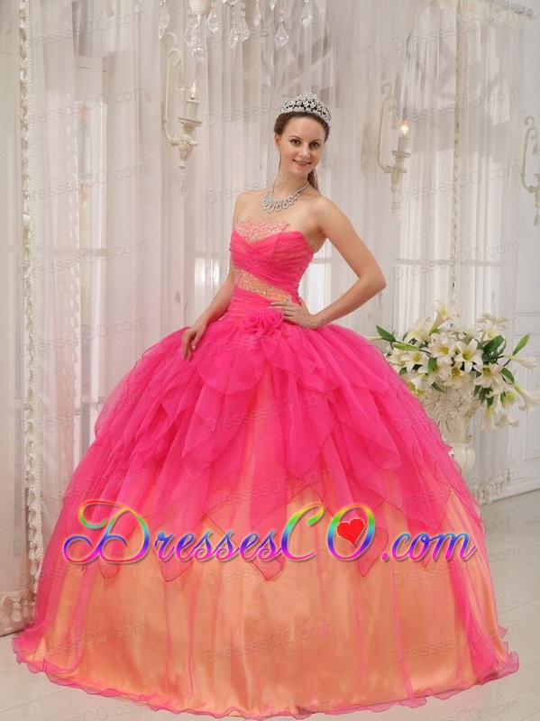 Hot Pink Ball Gown Strapless Long Organza Beading Quinceanera Dress