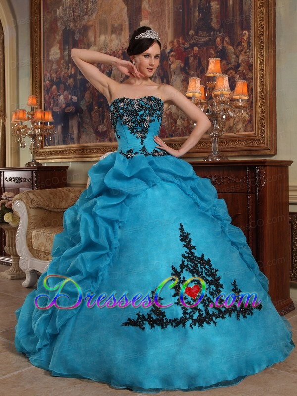Blue Ball Gown Strapless Long Taffeta And Organza Beading And Pick-ups Quinceanera Dress