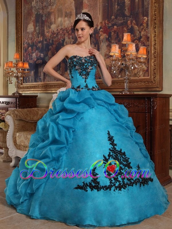 Blue Ball Gown Strapless Long Taffeta And Organza Beading And Pick-ups Quinceanera Dress