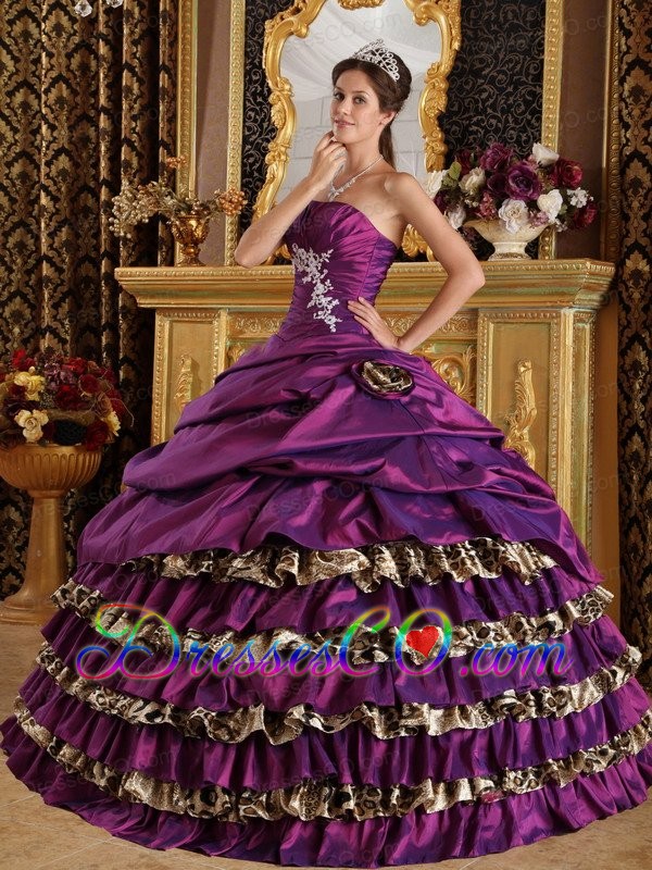 Purple Ball Gown One Shoulder Long Taffeta And Leopard Appliques Quinceanera Dress