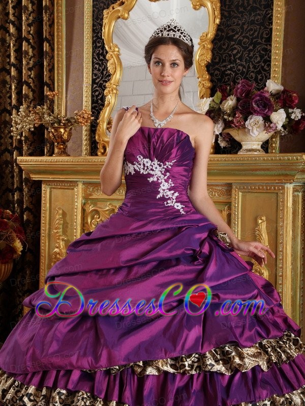 Purple Ball Gown One Shoulder Long Taffeta And Leopard Appliques Quinceanera Dress