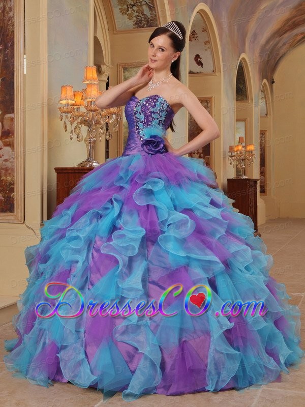 Purple and Aqua Blue Ball Gown Ruffles Organza Quinceanera Dress