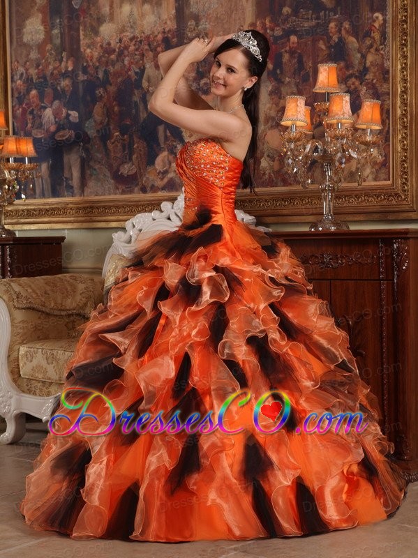 Orange And Black Ball Gown Strapless Long Organza Quinceanera Dress