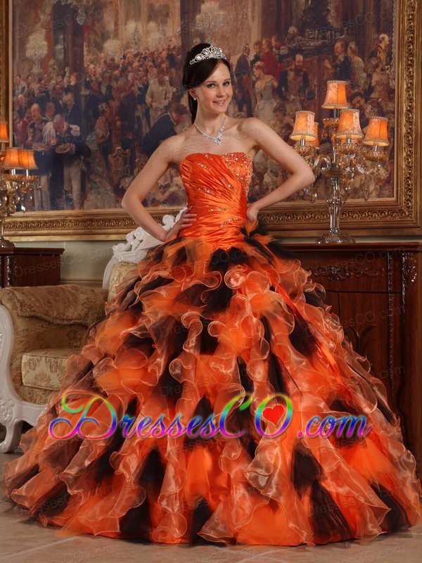Orange And Black Ball Gown Strapless Long Organza Quinceanera Dress