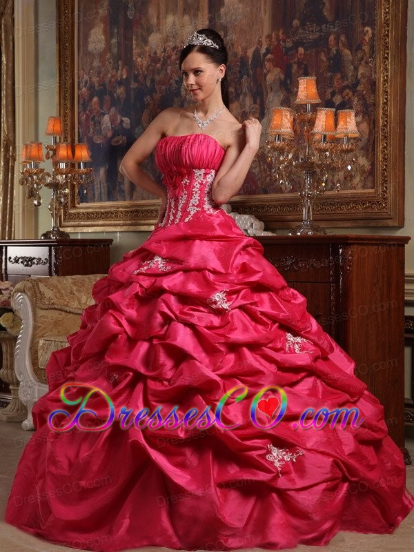 Coral Red Ball Gown Strapless Long Appliques Taffeta Quinceanera Dress